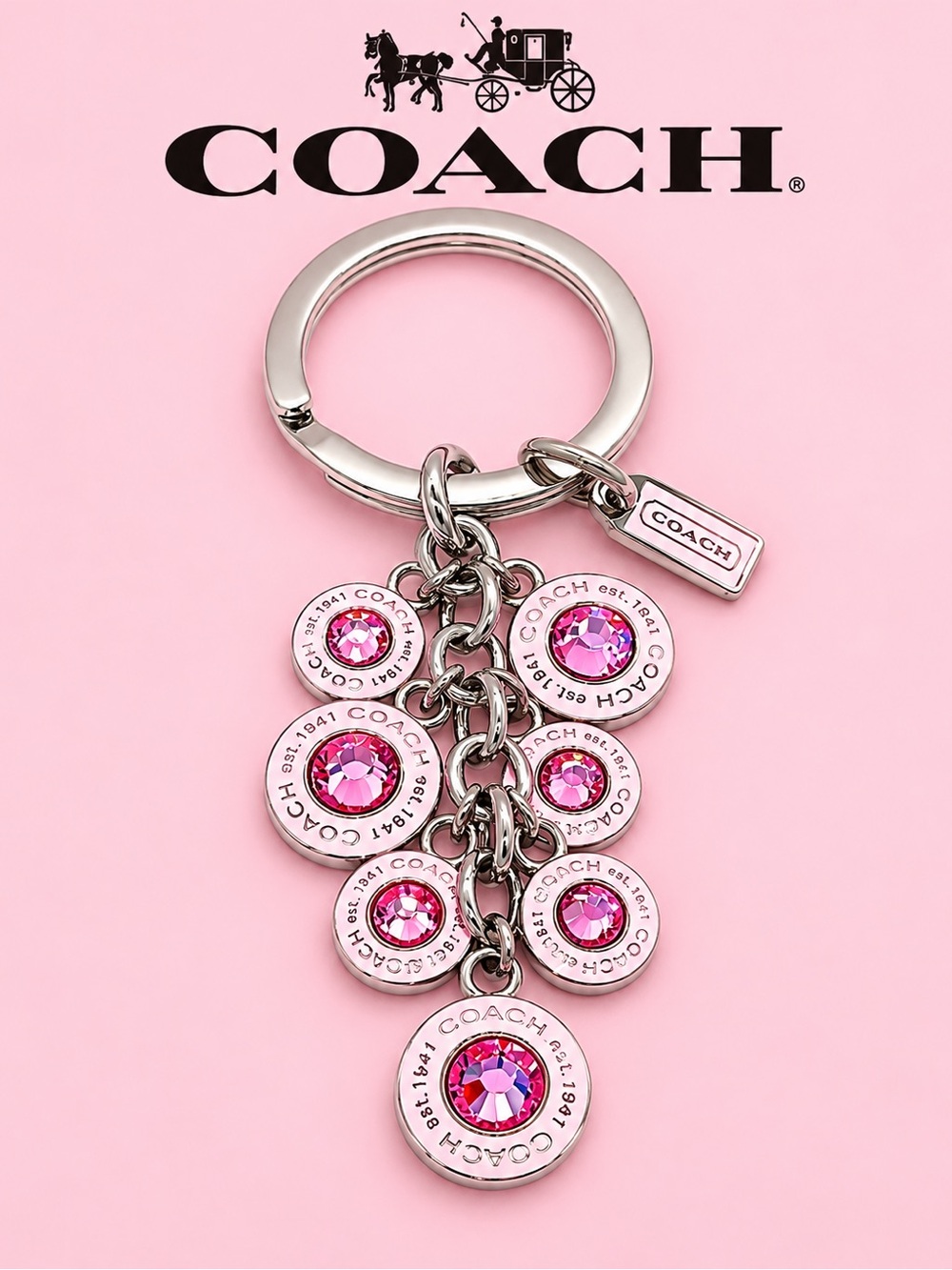 VINTAGE COACH Pink Crystal Circle Charm Keychain